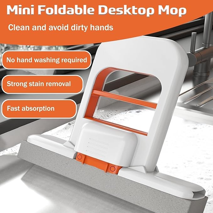 Mini Foldable Desktop Mop, Portable Cleaning Sponge Mop (with a Sponge Head)| One-Hand Squeeze Handle & Replaceable Head, Wet/Dry Use