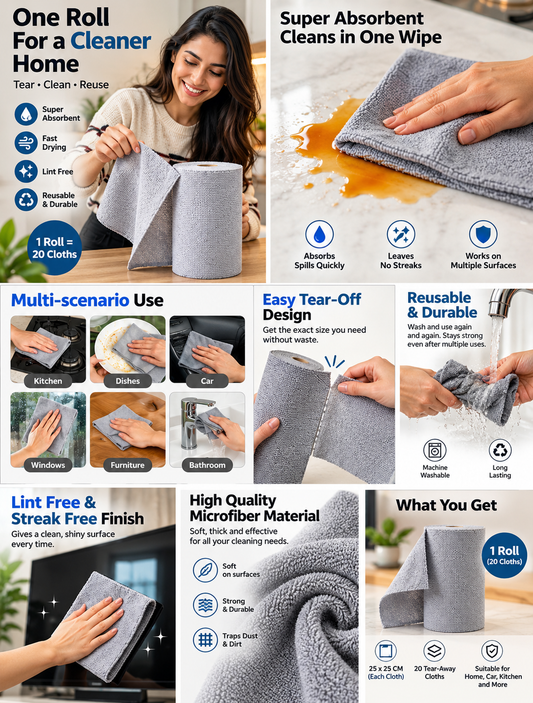 Microfiber Cleaning Cloth Roll – 20 Pre-Cut Reusable Towels | Super Absorbent, Washable & Lint-Free | 25×25 CM | For Kitchen, Car, Glass & Home