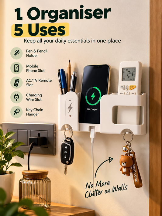 Wall Mounted 5-in-1 Mobile & Remote Organizer | Phone Charging Stand with Key & Cable Holder | No-Drill Adhesive Storage | 2-Piece Combo