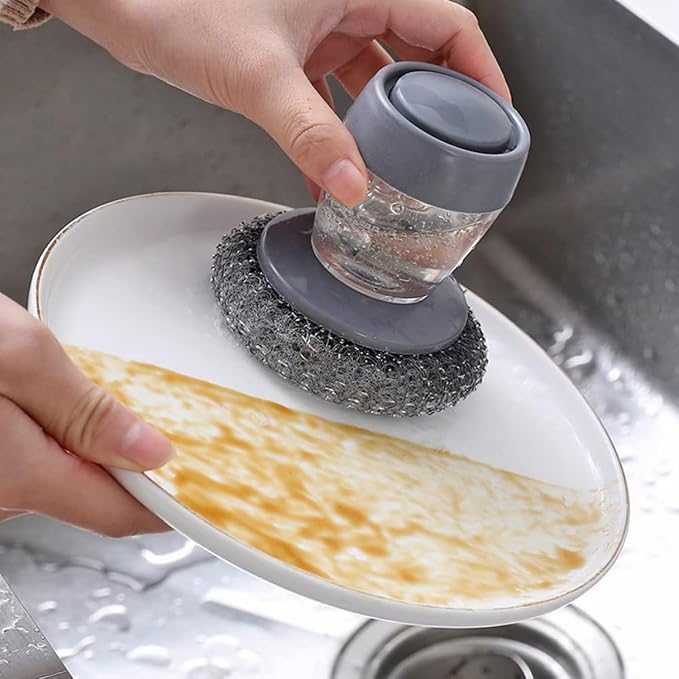 Kitchen Soap Dispensing Palm Brush with Steel Scrubber, Liquid Soap Dispenser Dish Scrubber, Dishwashing Brush for Pots, Pans, Utensils & Sink