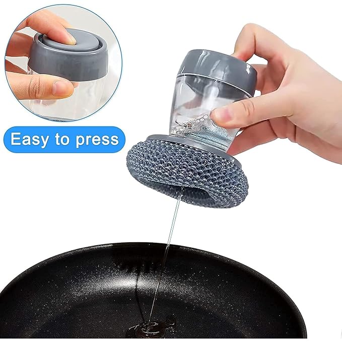Kitchen Soap Dispensing Palm Brush with Steel Scrubber, Liquid Soap Dispenser Dish Scrubber, Dishwashing Brush for Pots, Pans, Utensils & Sink