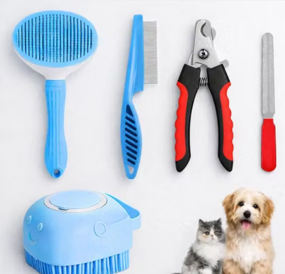 5-in-1 Pet Grooming Tool Combo | All-in-One Grooming Kit for Dogs & Cats | Bathing, Shedding & Nail Trimming (Multicolor)