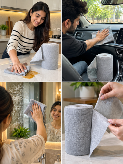 Microfiber Cleaning Cloth Roll – 20 Pre-Cut Reusable Towels | Super Absorbent, Washable & Lint-Free | 25×25 CM | For Kitchen, Car, Glass & Home