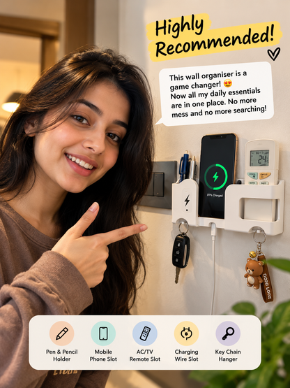 Wall Mounted 5-in-1 Mobile & Remote Organizer | Phone Charging Stand with Key & Cable Holder | No-Drill Adhesive Storage | 2-Piece Combo