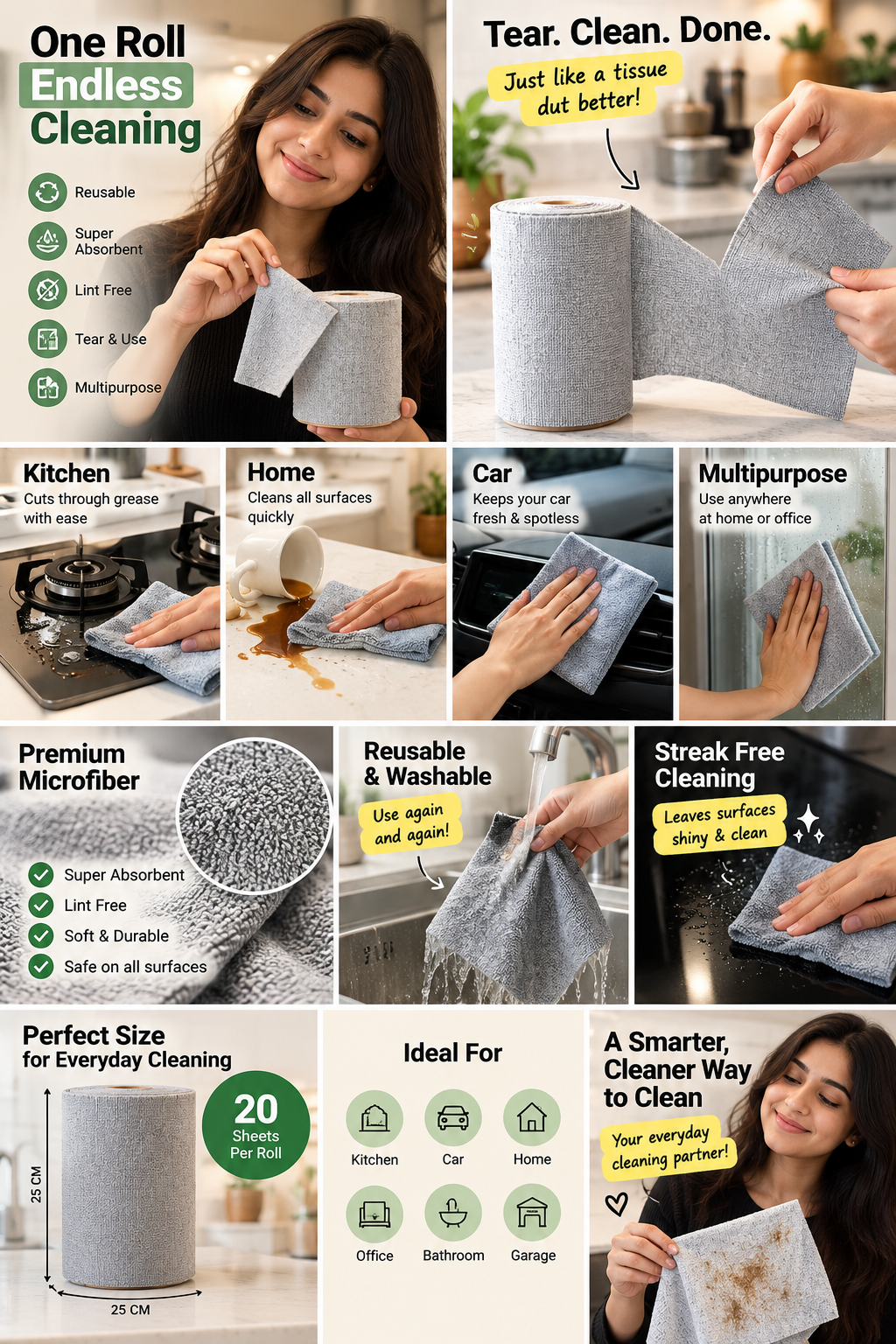 Microfiber Cleaning Cloth Roll – 20 Pre-Cut Reusable Towels | Super Absorbent, Washable & Lint-Free | 25×25 CM | For Kitchen, Car, Glass & Home