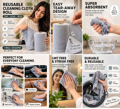 Microfiber Cleaning Cloth Roll – 20 Pre-Cut Reusable Towels | Super Absorbent, Washable & Lint-Free | 25×25 CM | For Kitchen, Car, Glass & Home