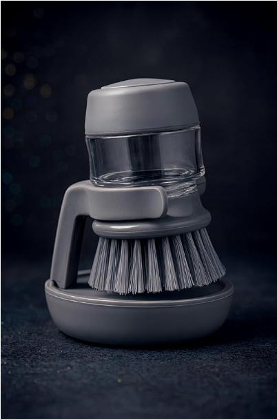 Palm scrub soap-dispensing dish brush with stand
