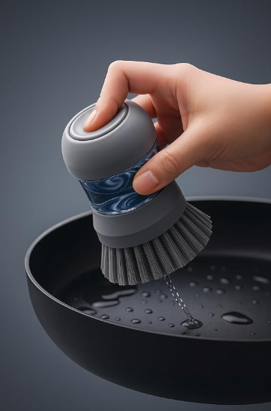 Palm scrub soap-dispensing dish brush with stand