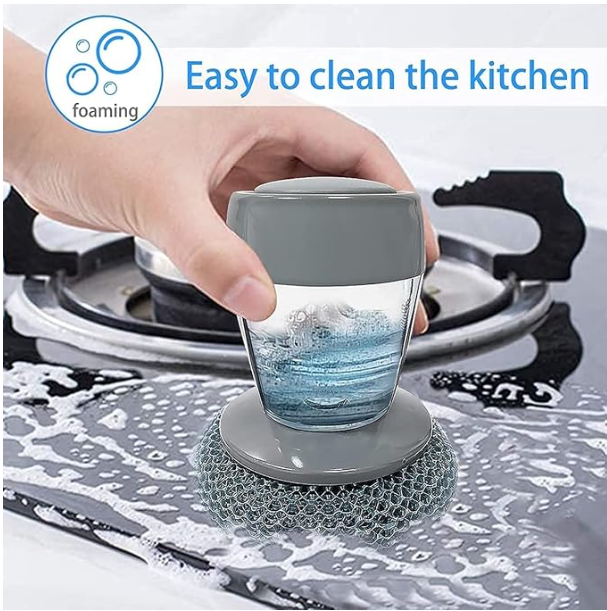 Soap-dispensing palm brush with steel scrubber