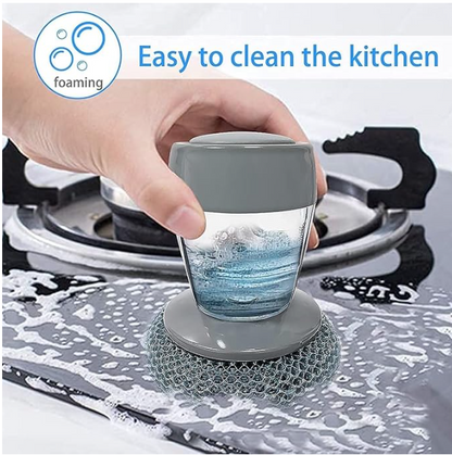 Soap-dispensing palm brush with steel scrubber