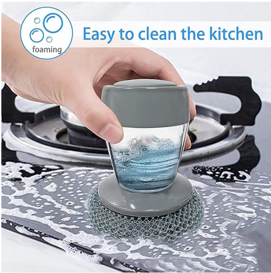 Soap-dispensing palm brush with steel scrubber
