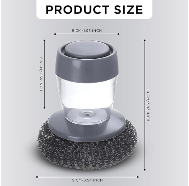Soap-dispensing palm brush with steel scrubber