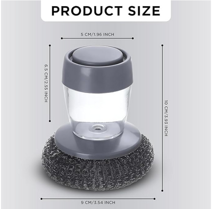 Soap-dispensing palm brush with steel scrubber