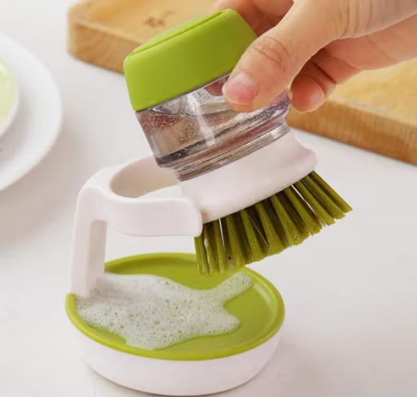 Palm scrub soap-dispensing dish brush with stand
