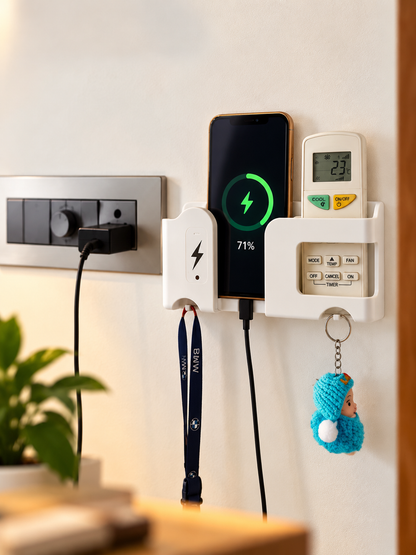 Wall Mounted 5-in-1 Mobile & Remote Organizer | Phone Charging Stand with Key & Cable Holder | No-Drill Adhesive Storage | 2-Piece Combo