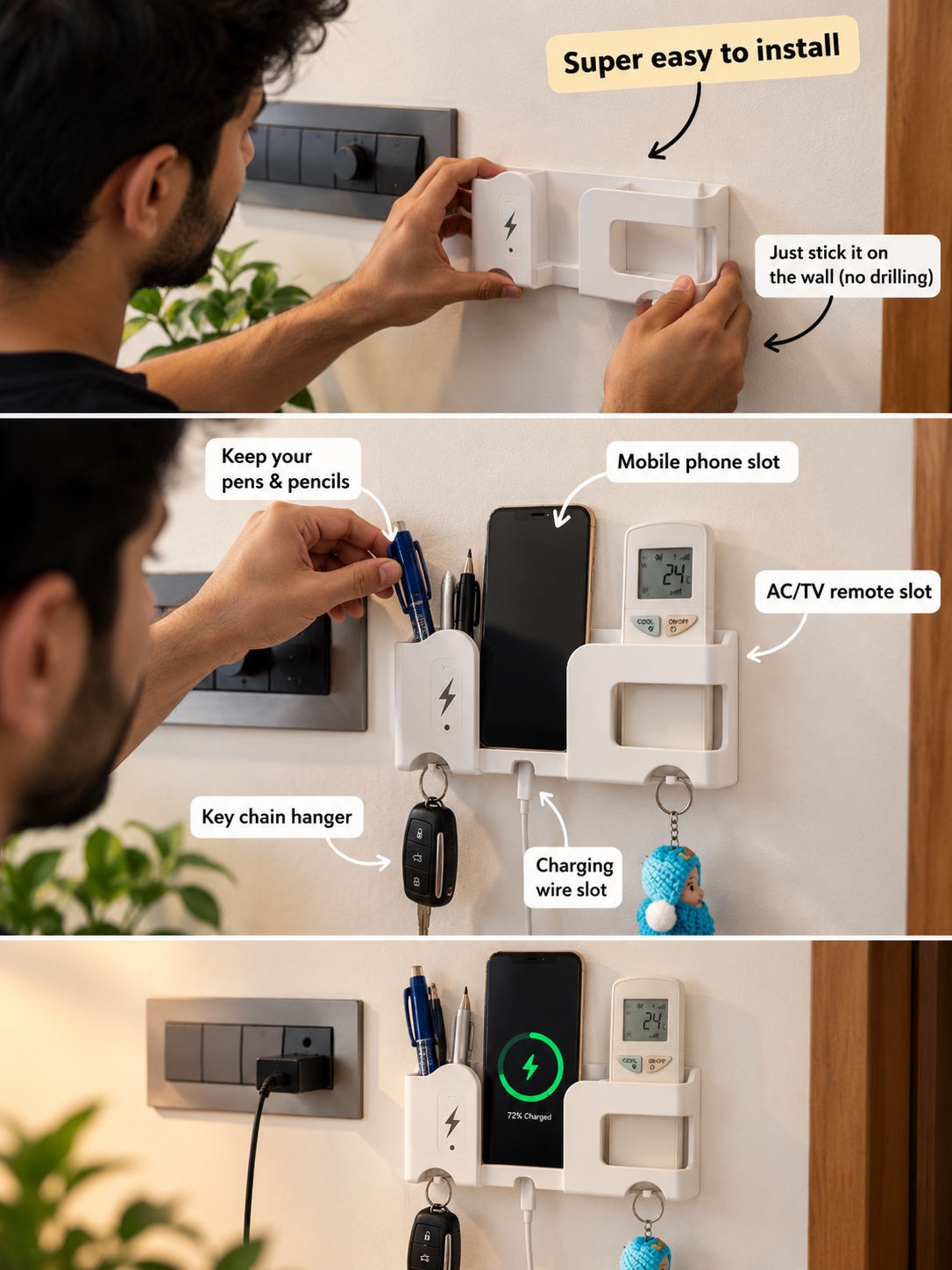 Wall Mounted 5-in-1 Mobile & Remote Organizer | Phone Charging Stand with Key & Cable Holder | No-Drill Adhesive Storage | 2-Piece Combo