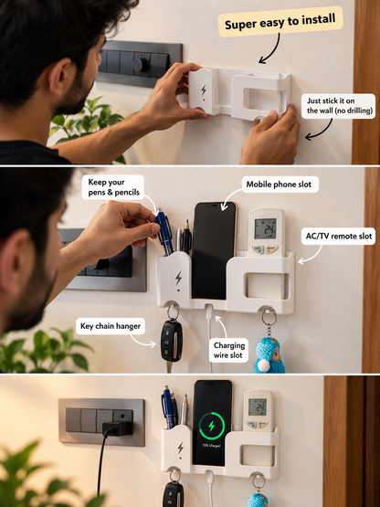 Wall Mounted 5-in-1 Mobile & Remote Organizer | Phone Charging Stand with Key & Cable Holder | No-Drill Adhesive Storage | 2-Piece Combo