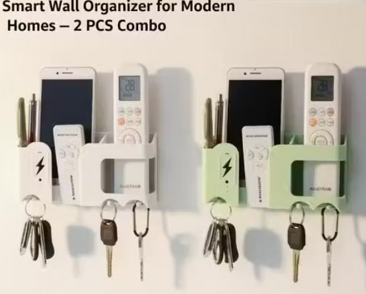 Wall Mounted Mobile Holder Organizer | Phone Charging Dock with Remote & Key Holder Stand | Multipurpose Adhesive Storage | No Drilling Required 2 PCS Combo | Ideal for Home, Bedroom, Kitchen, Office & Entryway
